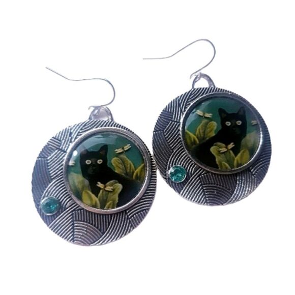 Purrmikitty Jewelry - Silver Round Black Cat Pattern Dangling Earrings